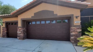 Dark brown garage door with windows, a timeless garage door color trend for Spring Valley homes