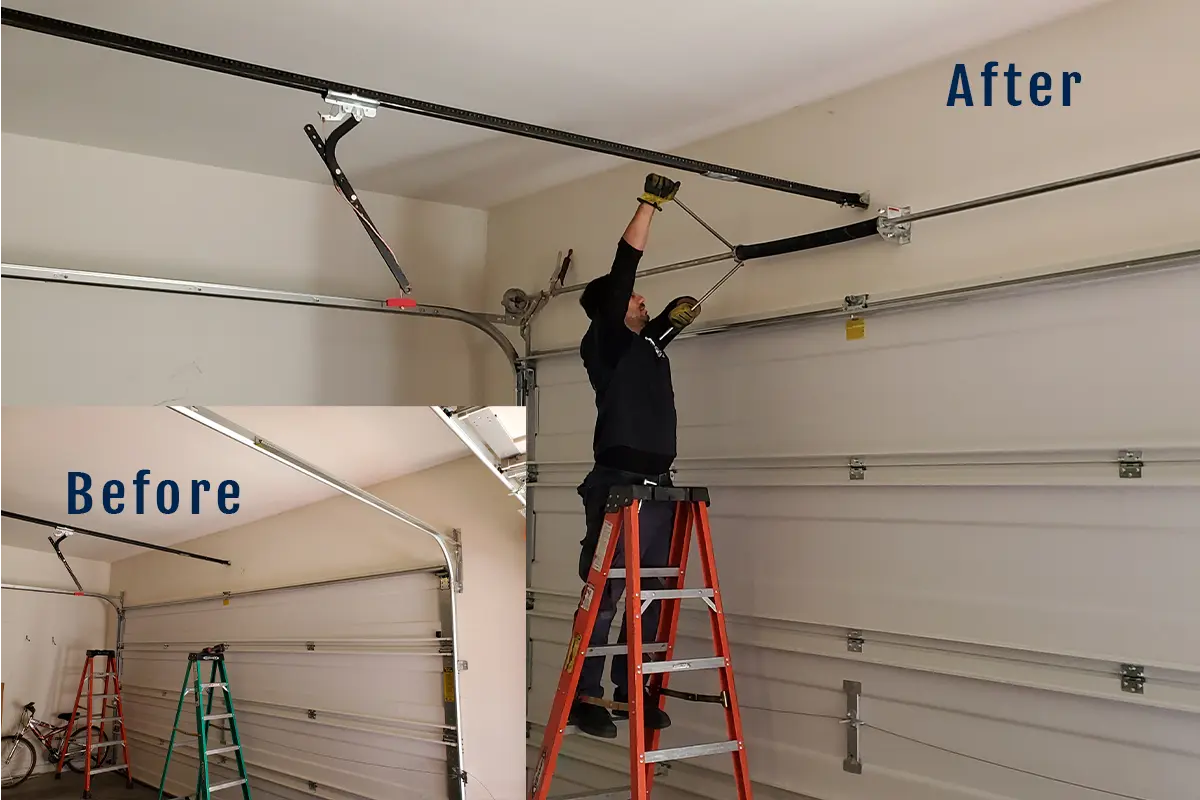 Before and after photos of a garage door repair project in North Las Vegas, NV.