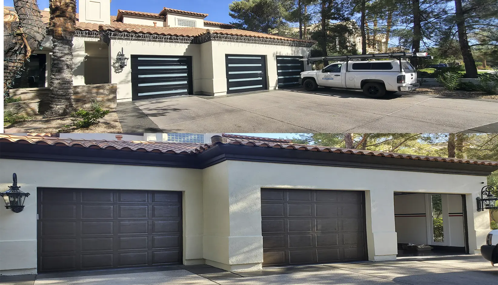 A before-and-after comparison of a home with a new modern garage door.