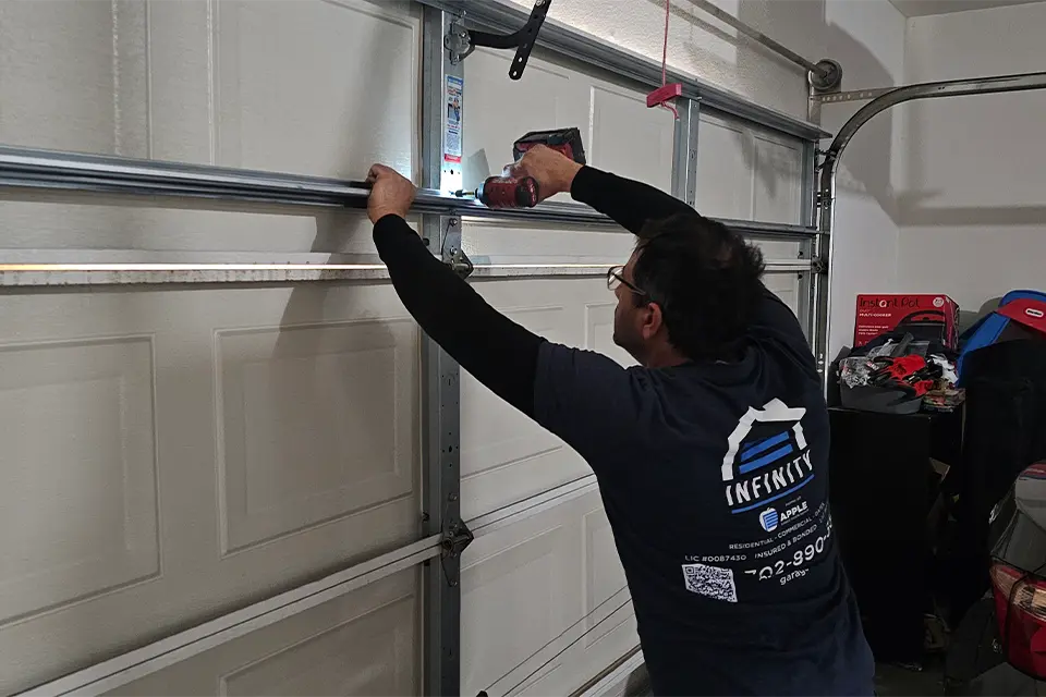 A garage door with reinforcement struts installed