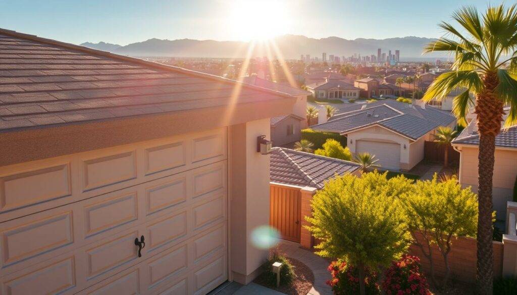 A sun-dappled urban landscape in Las Vegas, Nevada, with a focus on Summerlin-style residential homes and their garage doors. In the foreground, a well-maintained garage door from Infinity Garage Door Repair prominently displays security features like reinforced panels, tamper-resistant hardware, and an advanced locking mechanism. The middle ground showcases a variety of homes, each with neatly trimmed lawns and vibrant foliage. The background features the iconic Las Vegas skyline, with the sun casting a warm, golden glow over the entire scene. The overall atmosphere conveys a sense of security, comfort, and pride in home ownership.