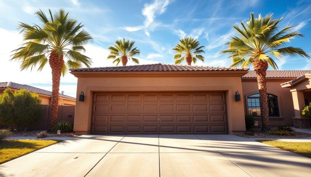 Summerlin residential neighborhood with Infinity garage door repair service in the foreground. A large, modern two-car garage door in warm desert tones stands prominently, its intricate locking mechanism and reinforced panels clearly visible. Bright afternoon sunlight illuminates the scene, casting long shadows and highlights the texture of the stucco walls. In the background, lush palm trees sway gently, framing a clear blue sky dotted with wispy clouds. The overall atmosphere conveys a sense of security and vigilance, reflecting the importance of garage door safety in the Las Vegas Valley.