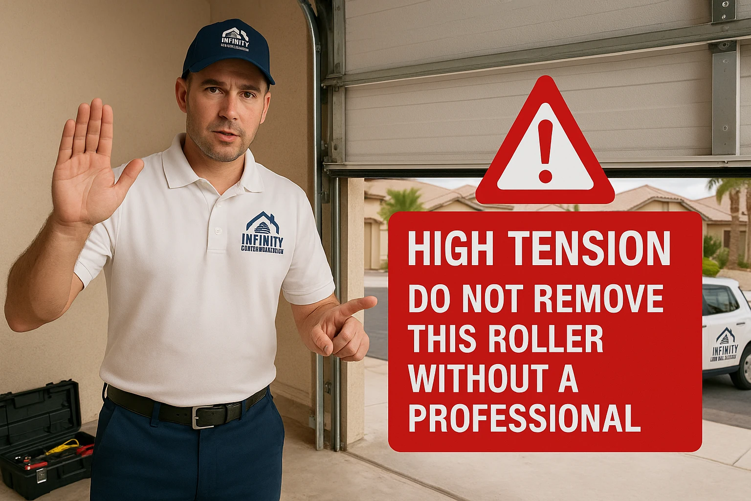 Warning: Do not attempt to replace the bottom garage door roller without a professional